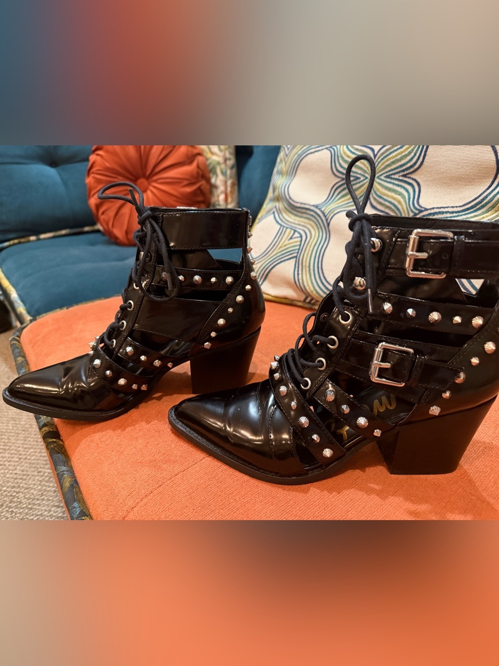 Black Studded Lace-Up Pointed Ankle Boots with Buckle Straps
